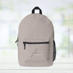 Elegant Taupe Personalized Printed Backpack<br><div class="desc">Minimal and elegant taupe backpack. Personalize with your monogram initials and name in a mix of a chic dark brown script and simple modern white typography.</div>