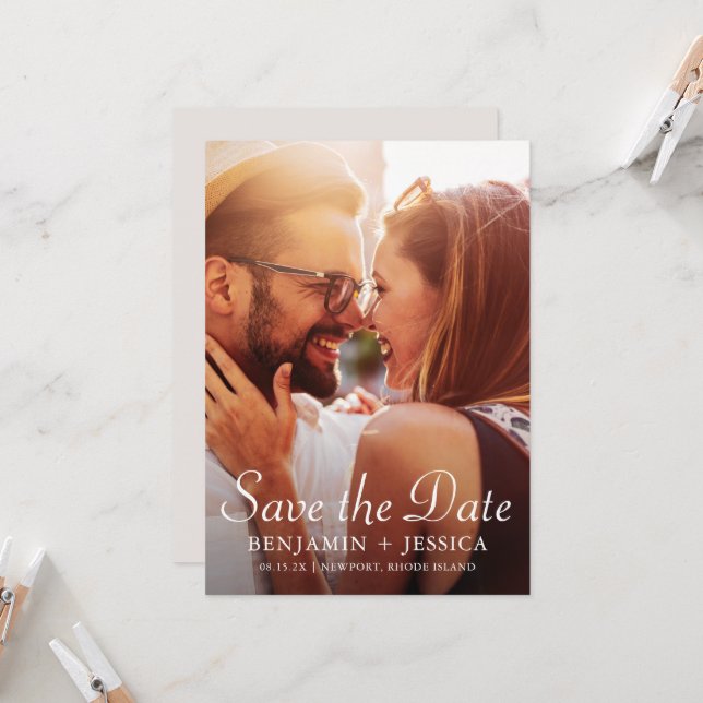 Elegant Taupe Photo Wedding Save the Date (Front/Back In Situ)