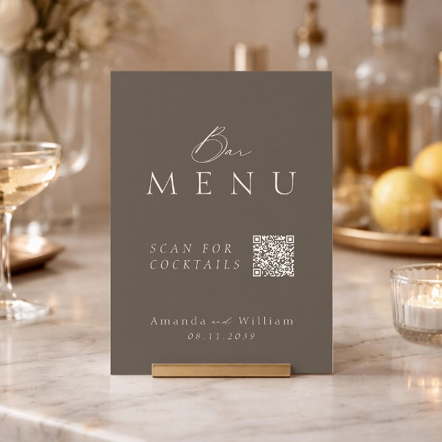 Elegant Taupe QR Code Wedding Bar Menu Sign Invitation (Creator Uploaded)