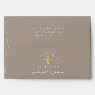 Elegant Taupe Religious Cross Boy First Communion Envelope