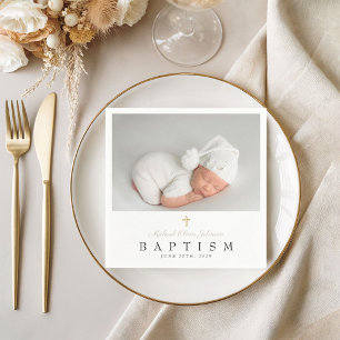 Elegant Taupe Religious Cross Photo Baptism Napkin