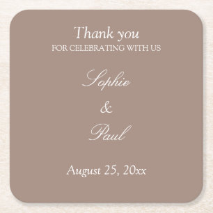 Elegant Taupe Wedding Thank You Square Paper Coaster