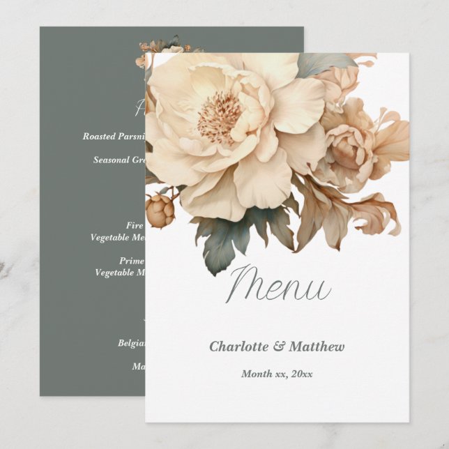 Elegant Taupe With Green Floral Wedding  Menu (Front/Back)