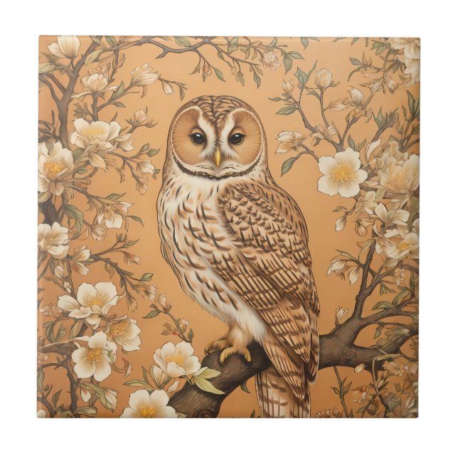 Elegant Tawny Owl William Morris Inspired Tile (Front)