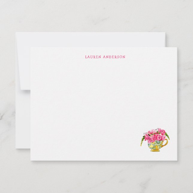 Elegant Tea cup with pink roses flat Thank you Card (Front)