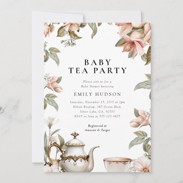 Elégant Tea Party Baby shower invitation (Devant)