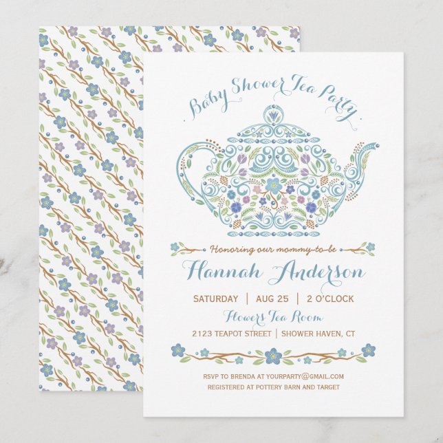 Elegant Tea Party Boy Baby Shower • Teapot Invitation (Front/Back)