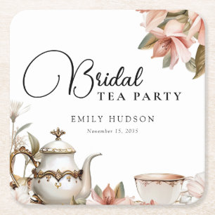 Elegant Tea Party Bridal Shower Square Paper Coaster