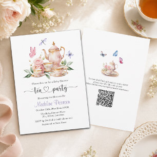Elegant Tea Party QR Code Butterfly Baby Shower Invitation