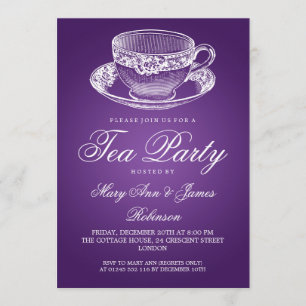Elegant Tea Party Vintage Tea Cup Purple Invitation