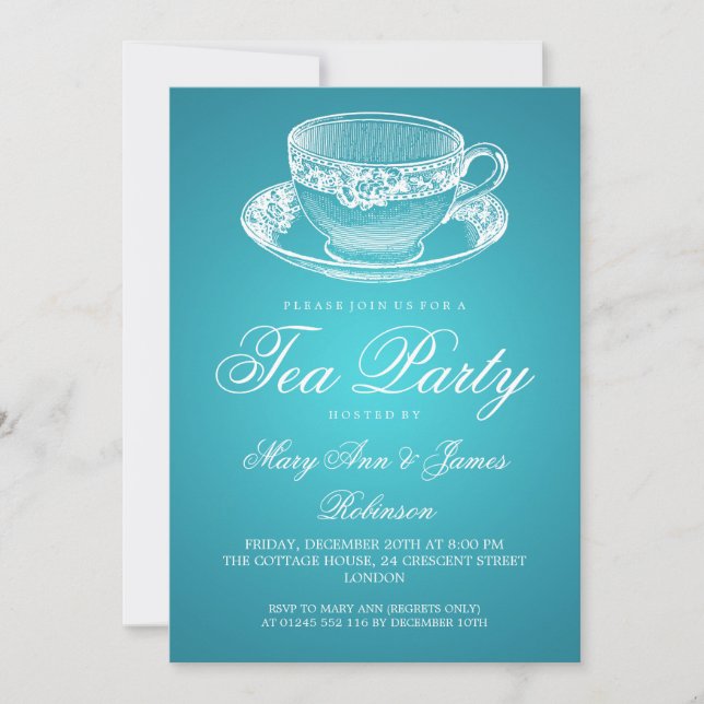 Elegant Tea Party Vintage Tea Cup Turquoise Invitation (Front)