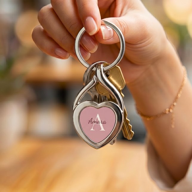 Elegant Tea Rose Pink Monogram Name Heart  Keychain (Creator Uploaded)