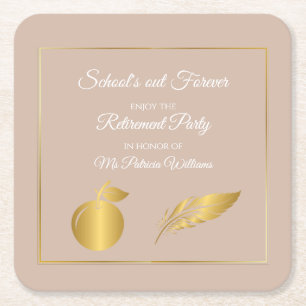 Elegant Teachers Golden Pastel Retirement Party Square Paper Coaster