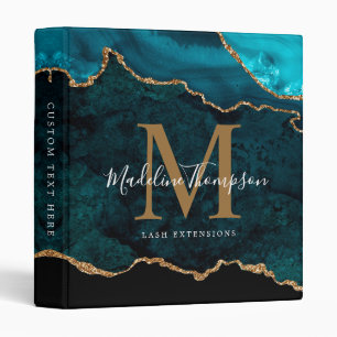 Elegant Teal Agate Geode Gold Script Monogram Binder