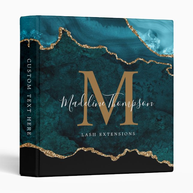 Elegant Teal Agate Geode Gold Script Monogram Binder (Front/Spine)