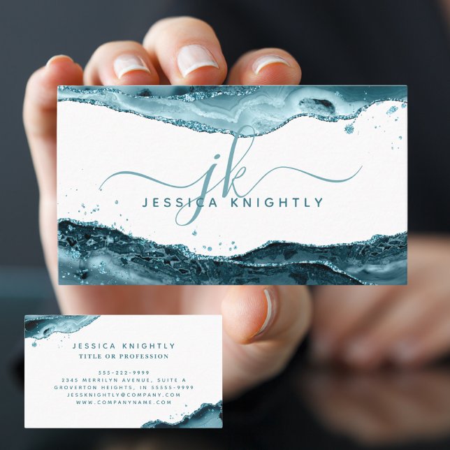  Elegant Teal Agate Glitter Monogram Script Business Card (Creator Uploaded)