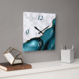 Elegant Teal Agate Gold Glitter Marble Square Wall Clock