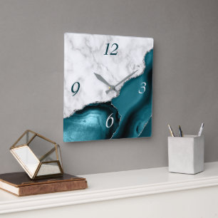 Elegant Teal Agate Silver Glitter Marble Square Wall Clock