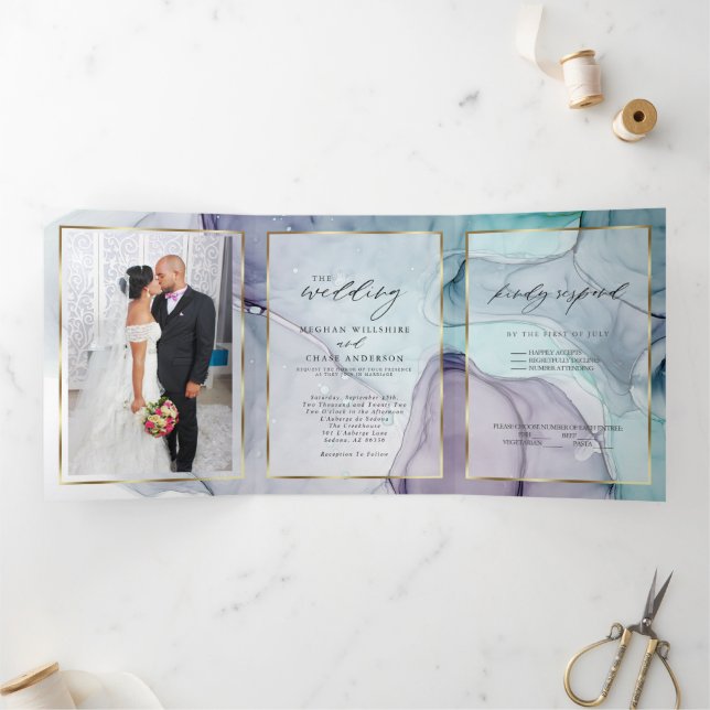 Elegant Teal Amethyst Abstract Ink Tri-Fold Invitation (Inside)