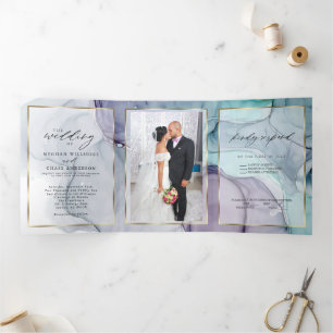 Elegant Teal Amethyst Alcohol Ink Tri-Fold Invitat