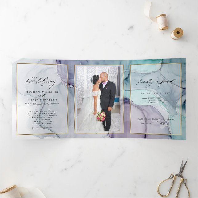 Elegant Teal Amethyst Alcohol Ink Tri-Fold Invitat (Inside)