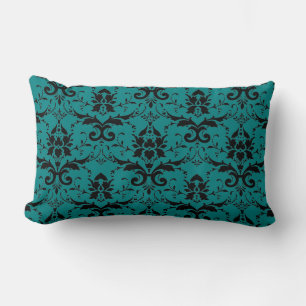 Elegant Teal and Black Damask Pattern Lumbar Pillow