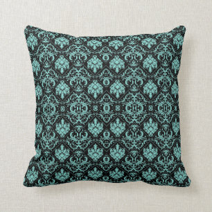 Elegant Teal and Black Damask Patterns Throw Pillow