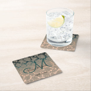 Elegant Teal And Champagne Wedding Theme Monogram Square Paper Coaster