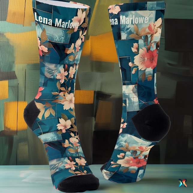 Elegant Teal and Coral Floral Patchwork custom Socks (Creator Uploaded)