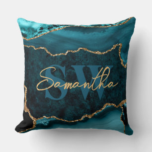 Elegant Teal and Faux Gold Glitter Marble Agate Throw Pillow