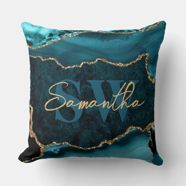 Elegant Teal and Faux Gold Glitter Marble Agate Throw Pillow (Front)