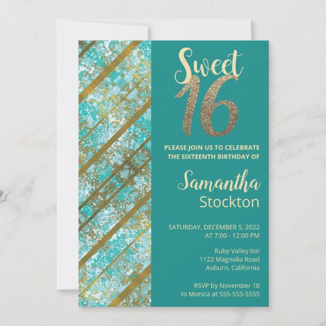 Elegant Teal and Gold Birthday Invitation (Front)