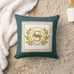 Elegant Teal and Gold Custom Crest Monogram Throw Pillow