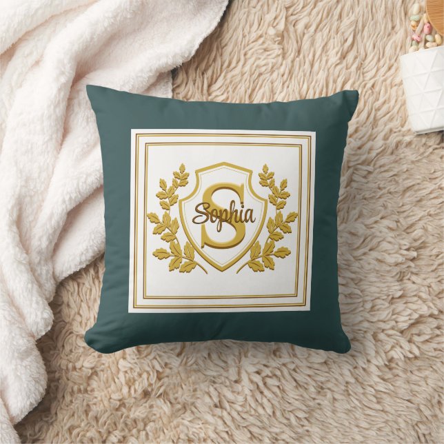 Elegant Teal and Gold Custom Crest Monogram Throw Pillow (Blanket)