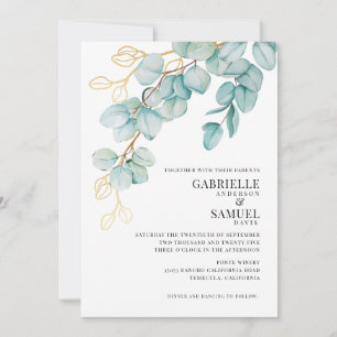 Elegant Teal and Gold Eucalyptus Wedding Invite