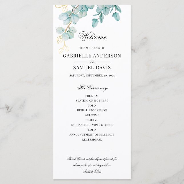 Elegant Teal and Gold Eucalyptus Wedding Program (Front)
