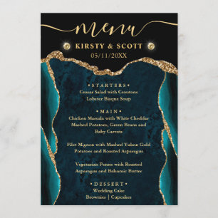 Elegant Teal and Gold Faux Glitter Agate Wedding Menu