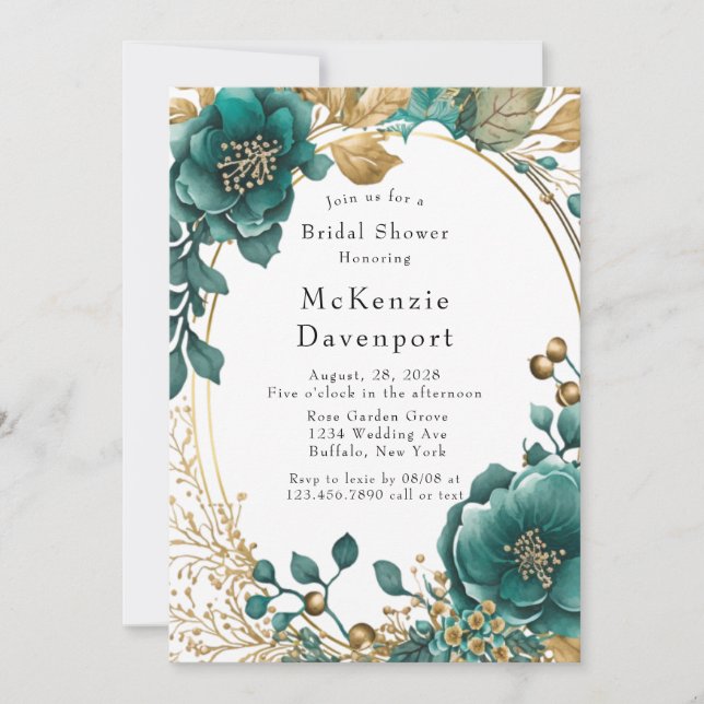 Elegant Teal and Gold Floral Bridal Shower Invitation (Front)