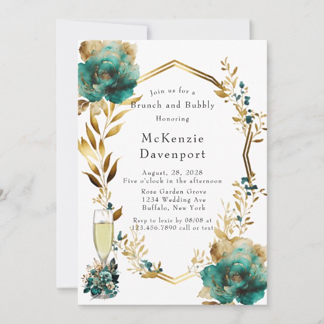 Elegant Teal and Gold Floral Brunch and Bubbly Inv Invitation (Front)