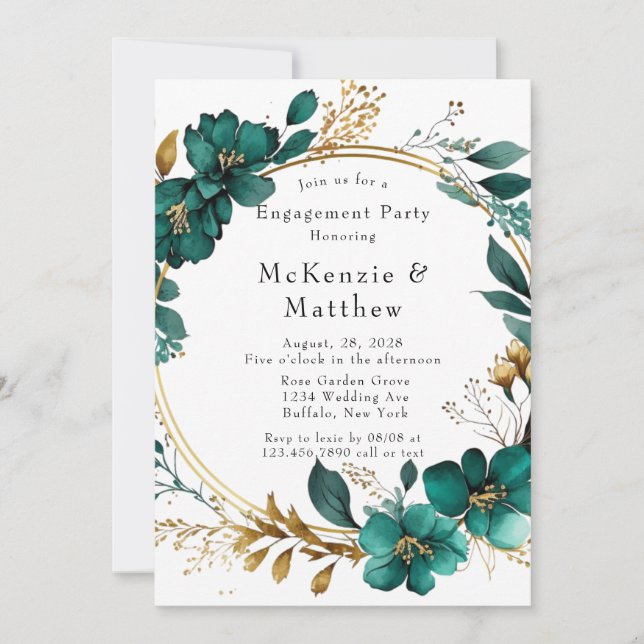 Elegant Teal and Gold Floral Engagement Party Invitation (Front)