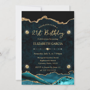 Elegant Teal and Gold Glitter Agate 21st Birthday Invitation