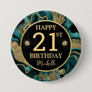 Elegant Teal and Gold Glitter Agate Birthday 3 Inch Round Button