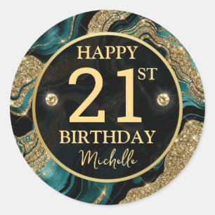 Elegant Teal and Gold Glitter Agate Birthday Classic Round Sticker
