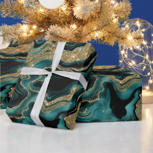 Elegant Teal and Gold Glitter Agate Birthday Wrapping Paper