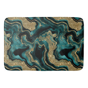 Elegant Teal and Gold Glitter Agate Pattern Bath Mat