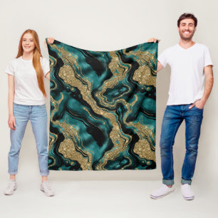 Elegant Teal and Gold Glitter Agate Pattern Fleece Blanket