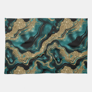 Elegant Teal and Gold Glitter Agate Pattern Kitchen Towel