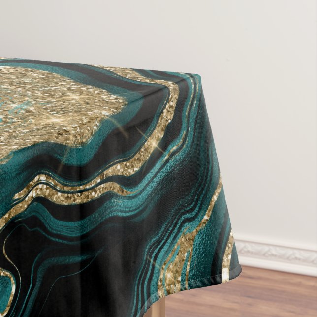 Elegant Teal and Gold Glitter Agate Pattern Tablecloth (In Situ)
