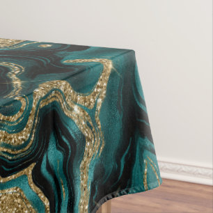 Elegant Teal and Gold Glitter Agate Pattern Tablecloth