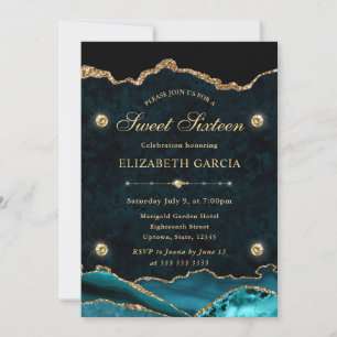 Elegant Teal and Gold Glitter Agate Sweet 16 Invitation